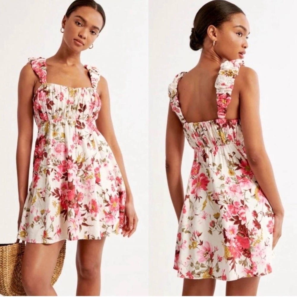 Abercrombie & Fitch Puff Strap Babydoll Linen Dress Pink Floral Medium NWT